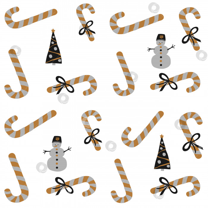 Скачать Бесшовный векторный узор "С Новым годом и Рождеством" в стиле скандинавского простого ручного рисования. Традиционный символ праздника - леденцовая палочка, бант, лента, снеговик, елка. Орнамент для печати, обертывания, текстиля, ткани фотосток Ozero