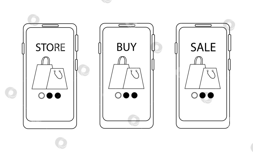 Скачать Набор мобильных телефонов с надписями магазин, купить, распродажа на английском - покупки в интернете фотосток Ozero