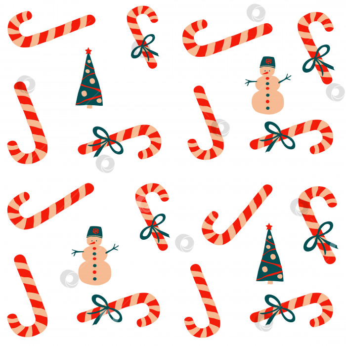 Скачать Бесшовный векторный узор Нового года и Рождества в стиле скандинавского простого ручного рисования. Традиционный символ праздника - леденцовая палочка, бант, лента, снеговик, елка. Яркий орнамент для принта, обертки, текстиля, ткани фотосток Ozero