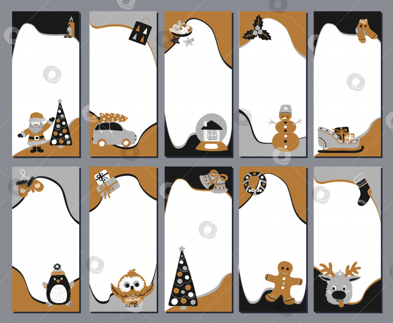 Скачать Набор из 10 шаблонов рождественских историй для социальных сетей в скандинавском стиле простого рисования от руки. Праздничные рамки слоями для фотографий с милыми персонажами - Сантой, северным оленем, пряничным человечком. фотосток Ozero