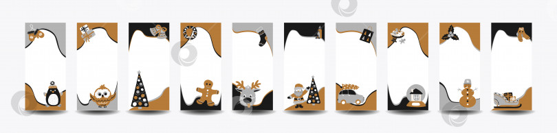 Скачать Набор из 10 шаблонов Merry Christmas stories для социальных сетей в стиле скандинавского простого рисования от руки. Праздничные рамки слоями для фотографий с милыми персонажами - Сантой, северными оленями, пряниками. фотосток Ozero