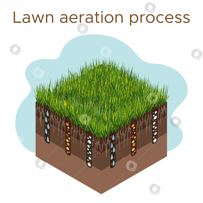 Скачать Уход за газоном - аэрация и скарификация. Ярлыки по этапам-во время. Потребление веществ - воды, кислорода и питательных веществ для питания травы и почвы. Векторная изометрическая иллюстрация изолирована фотосток Ozero