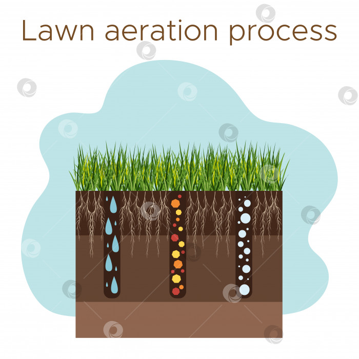 Скачать Уход за газоном - аэрация и скарификация. Ярлыки по этапам-во время. Потребление веществ - воды, кислорода и питательных веществ для питания травы и почвы. Векторная плоская иллюстрация изолирована фотосток Ozero