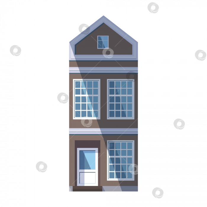 Скачать Старый дом европейского коричневого цвета в традиционном голландском городском стиле с двускатной крышей, квадратным мансардным окном и большими окнами в стиле лофт. Векторная иллюстрация в плоском стиле, изолированная на белом фоне. фотосток Ozero