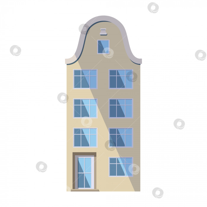 Скачать Старый дом европейского бежевого цвета в традиционном голландском городском стиле с двухскатной крышей, круглыми мансардными окнами и большими витринами. Векторная иллюстрация в плоском стиле, изолированная на белом фоне. фотосток Ozero