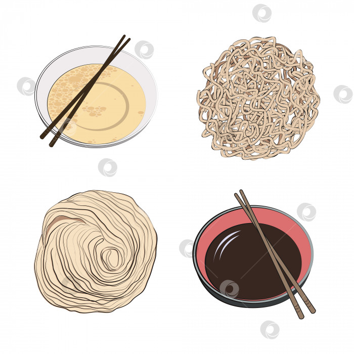 Скачать Традиционная японская или корейская кухня - набор ингредиентов для традиционных восточных супов с лапшой рамэн. Векторная иллюстрация в рисованном стиле на белом фоне. фотосток Ozero