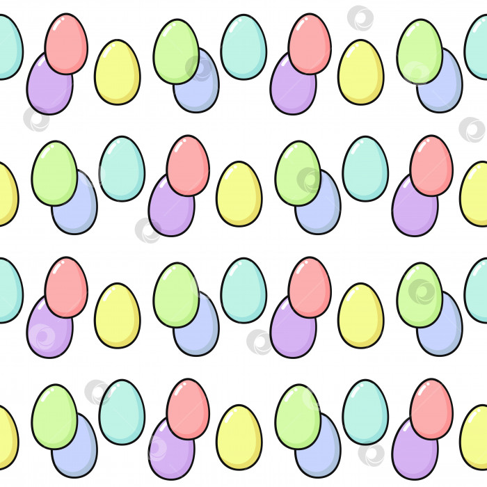 Скачать Бесшовный узор "Счастливой Пасхи" с крашеными яйцами. Веселые праздничные элементы в нежных тонах - розовом, голубом, желтом, зеленом, сиреневом, фиолетовом, мятном и коралловом. Квадратный формат, векторная плоская иллюстрация, изолированная на белом фоне фотосток Ozero