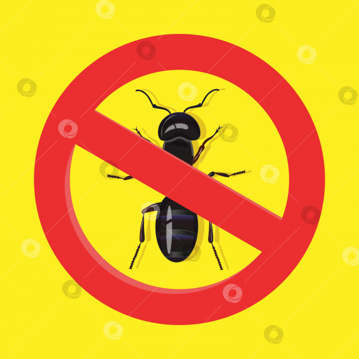 Скачать Предупреждающий знак "нет насекомому" с черным муравьем на желтом фоне. Нет знака переносчика муравьев для инсектицида. фотосток Ozero