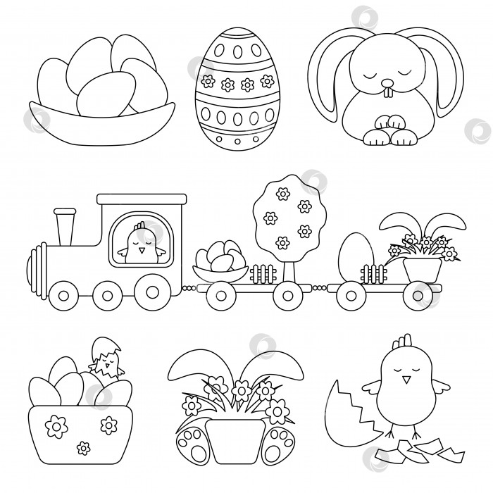 Скачать Коллекция шаблонов персонажей Счастливой Пасхи - милый кролик, курица, поезд, цветы, пасхальные яйца, трава. Праздничная векторная иллюстрация в стиле нарисованных от руки каракулей, выделенных на белом фоне фотосток Ozero