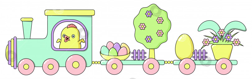 Скачать Веселый пасхальный поезд с милым цыпленком, весенним деревом в цветах, раскрашенными яркими яйцами, кроликом, прячущимся за цветочным горшком в пастельных тонах. Горизонтальный векторный баннер для праздника в плоском мультяшном стиле фотосток Ozero