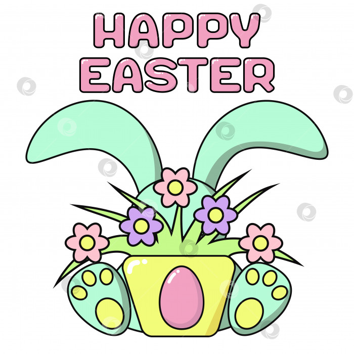 Скачать С Пасхой милый кролик спрятался за горшком с цветами и пасхальными яйцами в мультяшном стиле. Открытка или баннер нежных цветов - розового, голубого, желтого, зеленого. Квадратный формат, изолированная векторная иллюстрация фотосток Ozero