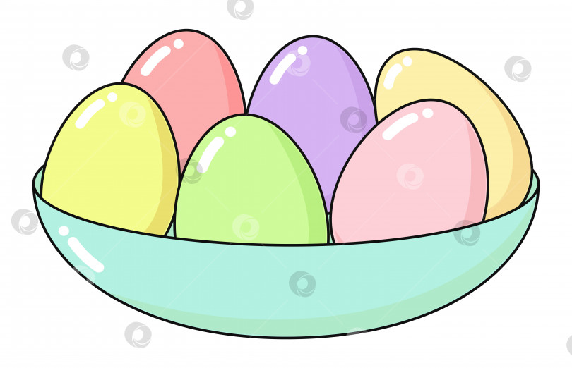 Скачать Поздравительная пасхальная открытка с крашеными яйцами в тарелке. Концепция праздника раскрашена в яркие цвета - розовый, голубой, желтый, зеленый и коралловый. Квадратная векторная плоская иллюстрация, изолированная на белом фоне фотосток Ozero