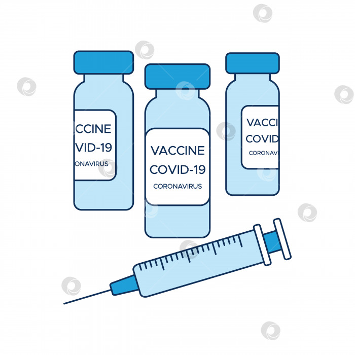 Скачать Концепция вакцинации от COVID-19, три флакона вакцины и шприц, медицинский плакат в синих тонах. Векторная иллюстрация в стиле плоской иконки, выделенной на белом фоне. фотосток Ozero