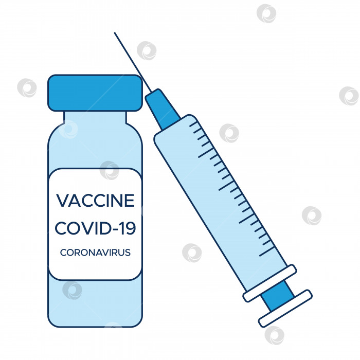 Скачать Концепция вакцинации от COVID-19, одна ампула вакцины и шприц, медицинский плакат в синих тонах. Векторная иллюстрация в стиле плоской иконки, выделенной на белом фоне. фотосток Ozero