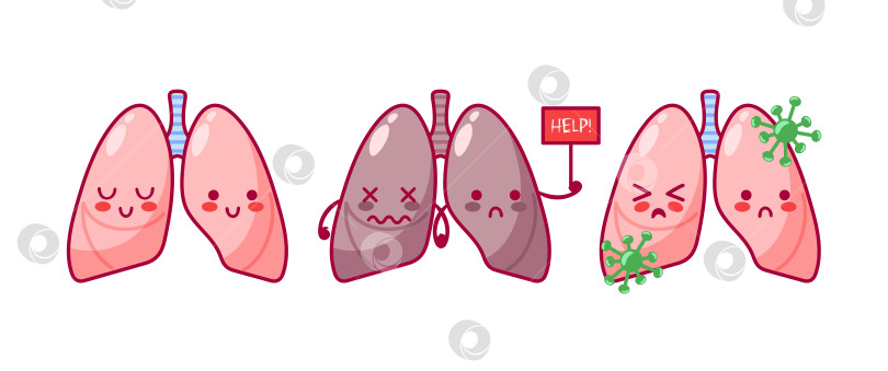 Скачать Легкие. Набор персонажей в виде милых мультяшных персонажей в стиле каваи. Здоровый образ жизни, органы дыхания курильщиков, вирусные заболевания, дыхательная система. Векторная иллюстрация. Проблемы со здоровьем. Шаблон медицинской брошюры. фотосток Ozero