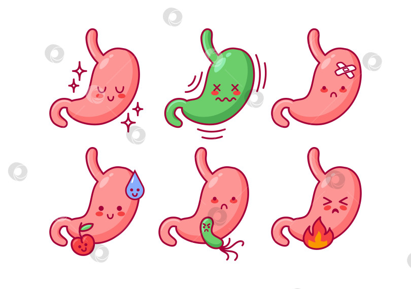 Скачать Набор символов желудка, выполненных в кавайном стиле, - больного органа пищеварительной системы. Тошнота, изжога. Бариатрия, гастрит и язва. Идеально подходит для наклеек, книг и медицинских брошюр. фотосток Ozero