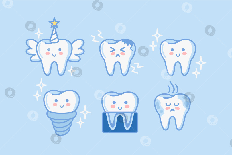 Скачать Зубы, набор милых персонажей в стиле каваи. Зубная фея, рентген, имплантация, кариес. Здоровый орган, пищеварительная система. Векторная иллюстрация. Проблемы со здоровьем. фотосток Ozero