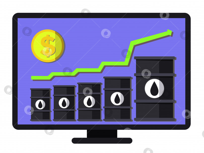 Скачать Рекордный рост цен на нефть - концептуальный вектор. График финансового роста. Плоская композиция включает в себя бочки с маслом, стрелу и монету. Шаблон со слоями для баннеров, веб-страниц и плакатов. фотосток Ozero