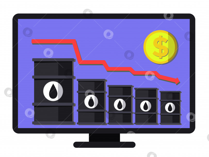 Скачать Рекордное снижение цен на нефть - концептуальный вектор. График финансового краха. Плоская композиция включает в себя бочки с маслом, стрелу и монету. Многоуровневый шаблон для баннеров, веб-страниц и плакатов. фотосток Ozero