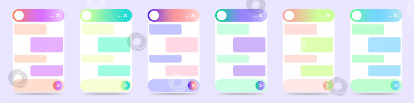 Скачать Набор интерфейсов диалогового окна чат-бота для веб-сайта и мобильного приложения. Приложение для онлайн-чата и виртуальный помощник с градиентами ярких цветов. Векторный рисунок, выделенный на белом фоне. фотосток Ozero