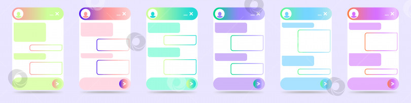 Скачать Набор диалогового интерфейса окна чат-бота для веб-сайта и мобильного приложения. Приложение для онлайн-чата и виртуальный помощник с градиентами ярких цветов. Векторный рисунок, выделенный на белом фоне. фотосток Ozero