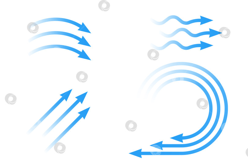Скачать Поток воздуха. Набор синих стрелок, показывающих направление движения воздуха. Стрелки направления ветра. Синяя струя холодного воздуха из кондиционера. фотосток Ozero
