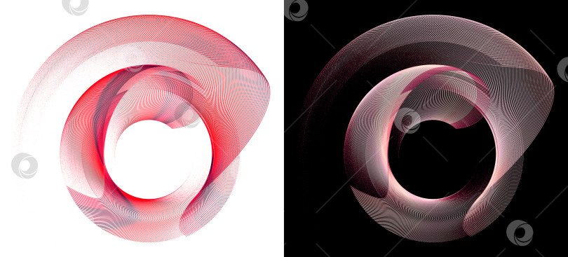 Скачать Красные и розовые волнистые прозрачные полосатые плоскости накладываются слоями, создавая круглые рамки на белом и черном фоне. Набор. Иконка, логотип, символ, вывеска. 3D-рендеринг. 3D-иллюстрация. фотосток Ozero