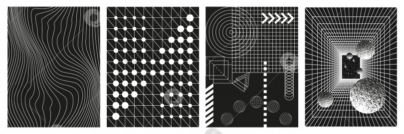 Скачать Набор фонов геометрической каркасной сетки белого цвета на черном фоне. 3D абстрактные плакаты, узоры, элементы киберпанка в модном психоделическом рейв-стиле. ретро-футуристическая эстетика Y2k 00-х годов. фотосток Ozero