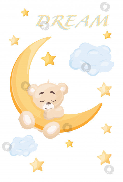 Скачать Милый маленький плюшевый мишка, спящий на Луне, бесшовный узор, векторная иллюстрация, детская мода, детская графика для обоев и принтов. Мультяшная векторная иллюстрация. фотосток Ozero