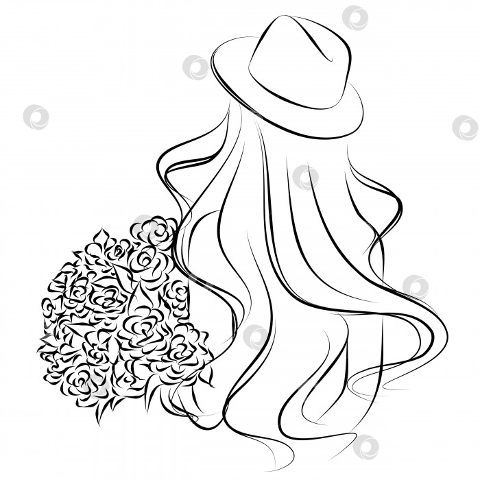 Скачать набросок каракули девушка в шляпке с букетом цветов стоит спиной фотосток Ozero