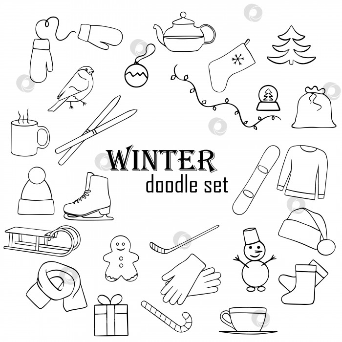 Скачать черно-белый зимний набор, каракули, зимние развлечения, иконки, рисование от руки фотосток Ozero