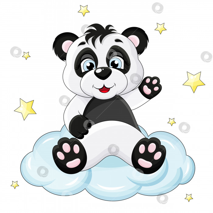 Скачать милая маленькая панда сидит на облаке и машет лапой вокруг звезды фотосток Ozero