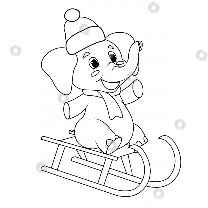 Скачать слоненок в новогодней шапочке и шарфе катается на санках, зимнее развлечение, линия, эскиз фотосток Ozero