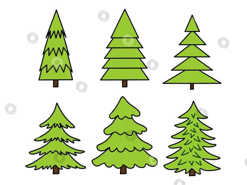 Скачать Векторные различные натуральные рождественские елки, зеленые простые нарисованные ели в ряд на белом фоне фотосток Ozero