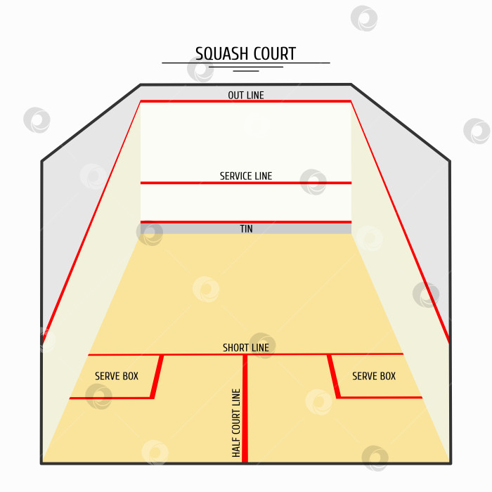 Скачать площадка для игры в сквош с красными линиями разметки с названиями зон. Площадка для игры в сквош. Изолированная векторная иллюстрация фотосток Ozero