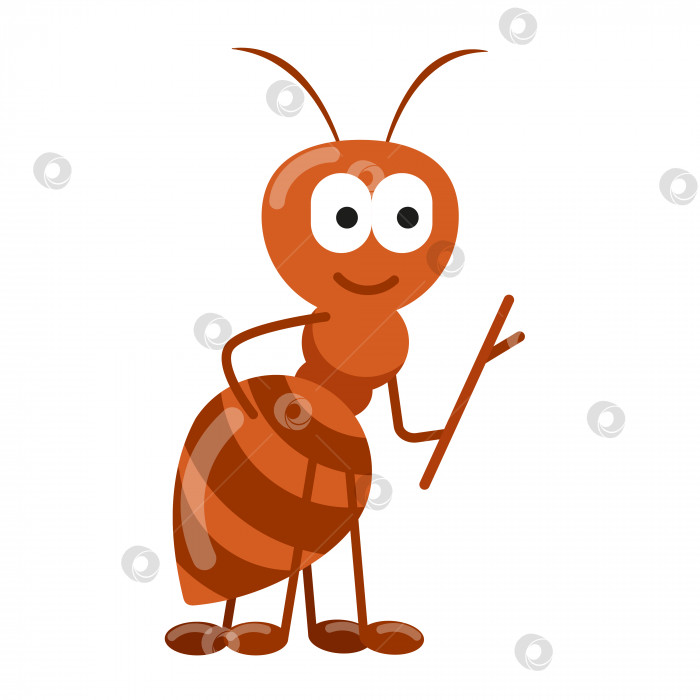 Скачать милый мультяшный персонаж муравей с веткой в руках, насекомое с палкой в лапах фотосток Ozero