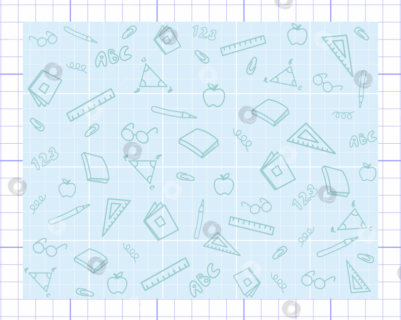 Скачать Бесшовный узор, школьные элементы на фоне тетрадного листа в клетку. Простые контурные значки фотосток Ozero