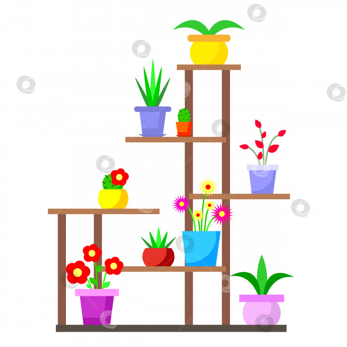 Скачать яркая векторная иллюстрация полки с цветами, комнатными растениями, цветочными горшками, рисование от руки фотосток Ozero
