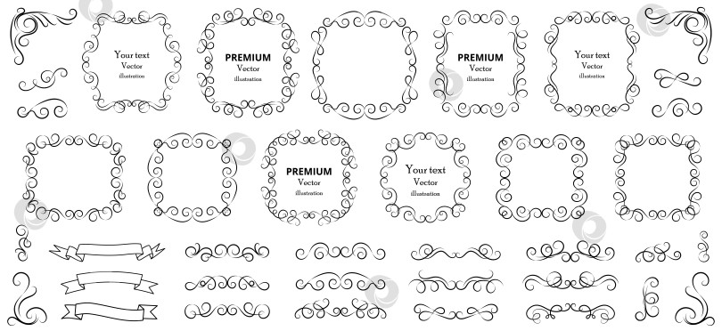 Скачать Декоративные векторные рамки и завитки, подходящие для различных дизайн-проектов в черно-белом исполнении фотосток Ozero