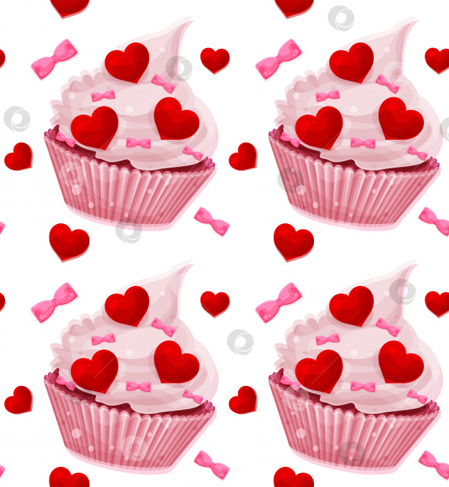 Скачать яркий векторный бесшовный узор с кексом на день Святого Валентина, сердечками и бантиками, романтическим узором, узором ткани фотосток Ozero