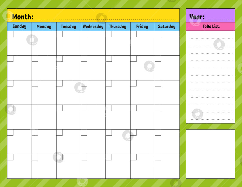 Скачать Пустой шаблон календаря на один месяц без дат. Красочный дизайн с симпатичным персонажем. Векторная иллюстрация. фотосток Ozero