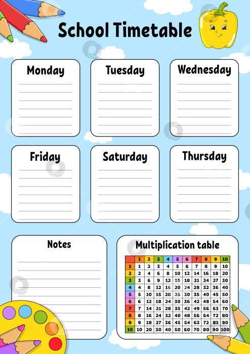 Скачать Школьное расписание с таблицей умножения. Для обучения детей. Выделено на белом фоне. С симпатичным мультяшным персонажем. Векторная иллюстрация. фотосток Ozero