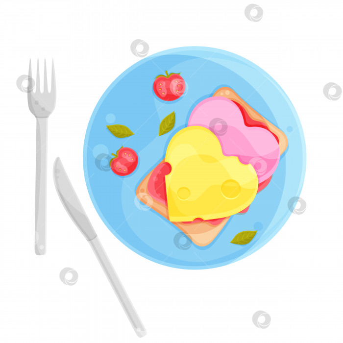 Скачать векторная иллюстрация романтический завтрак, бутерброды с сыром и колбасой, столовые приборы, рисование от руки фотосток Ozero
