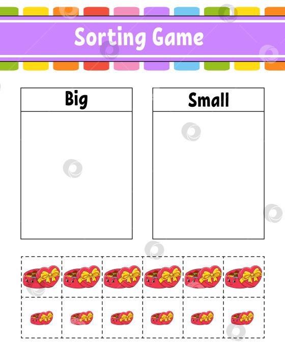 Скачать Игра-сортировка для детей. Веселые персонажи. Большие и маленькие. Рабочая тетрадь для обучения. Векторная иллюстрация. фотосток Ozero