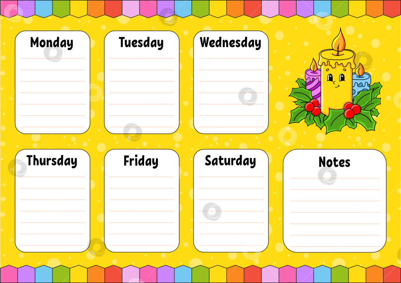 Скачать Школьное расписание. Расписание для школьников. Пустой шаблон. Еженедельник с заметками. мультяшный персонаж. Векторная иллюстрация. фотосток Ozero