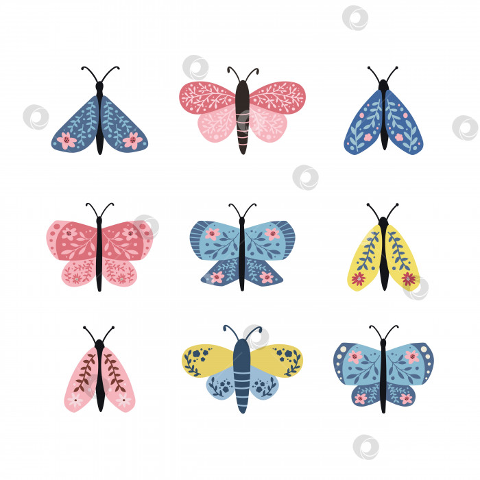 Скачать Набор нарисованных от руки бабочек на белом фоне фотосток Ozero