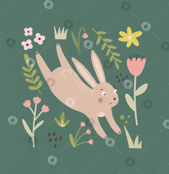 Скачать Композиция с кроликом, листьями и цветочными элементами фотосток Ozero
