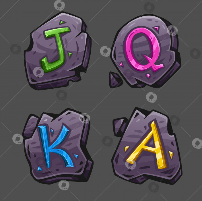 Скачать Четыре камня с цветными кристаллами в виде букв J Q K A фотосток Ozero