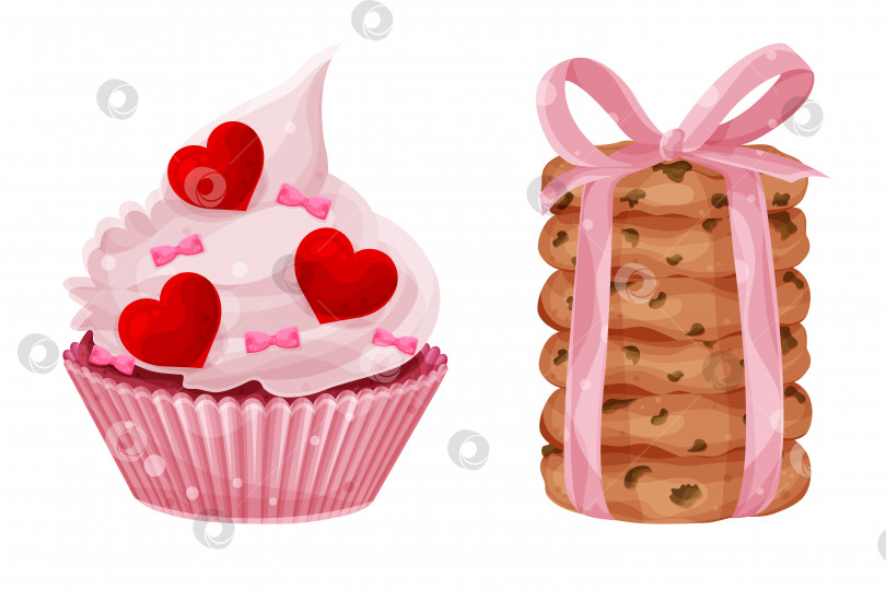 Скачать Набор векторных ярких кексов на день Святого Валентина и стопки овсяного печенья, сердечек и бантиков, праздничной выпечки фотосток Ozero