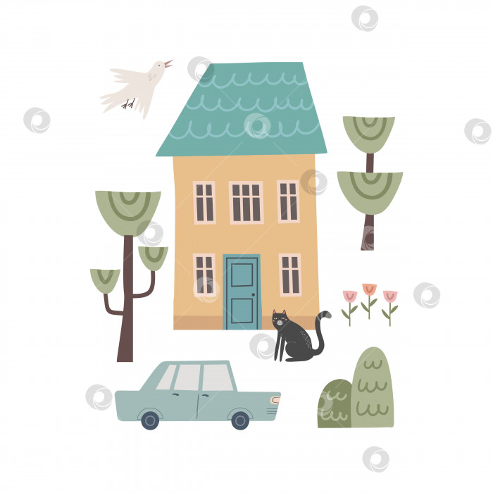 Скачать Векторная мультяшная иллюстрация милого дома и кошки фотосток Ozero